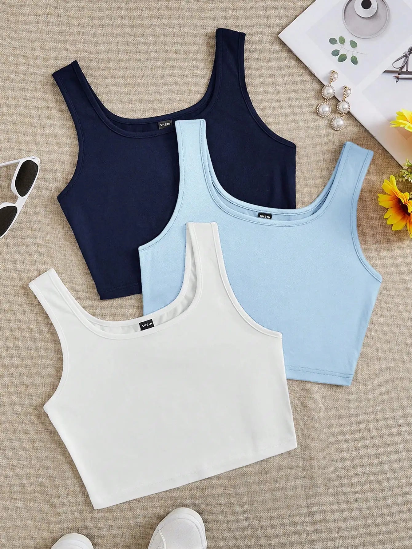 3pcs Women's Super Short Fitted Tank Tops in Black, White & Gray - Round Neck Casual Summer Crop Tops