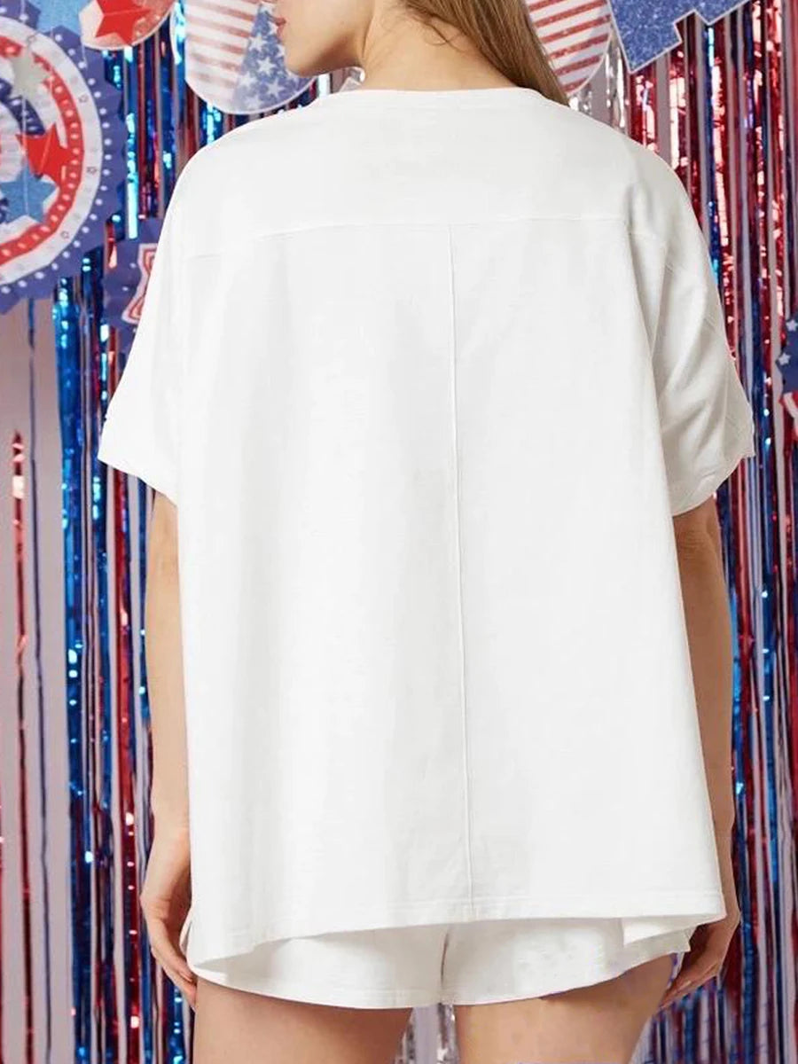 Women’s 4th of July Outfits Short Sleeve Round Neck Heart Print Tops Shorts Set