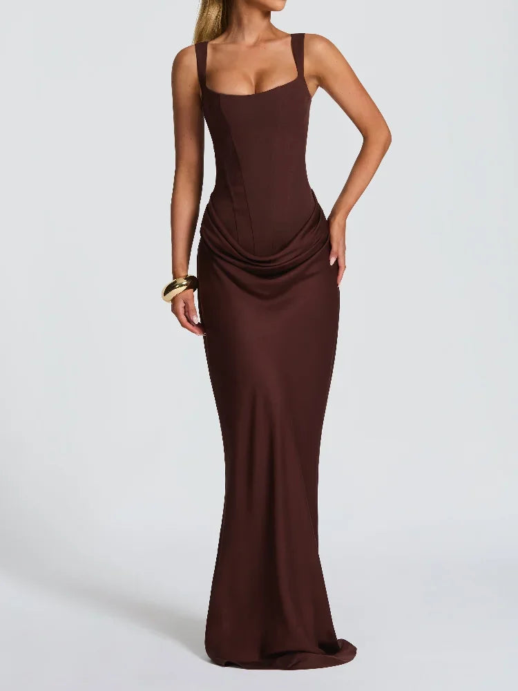 Elegant Solid Corset Sling Pleated Dress Women Brown Sexy Sleeveless Off Shoulder High Waist Maxi Dresses 2025 Lady Party Gown