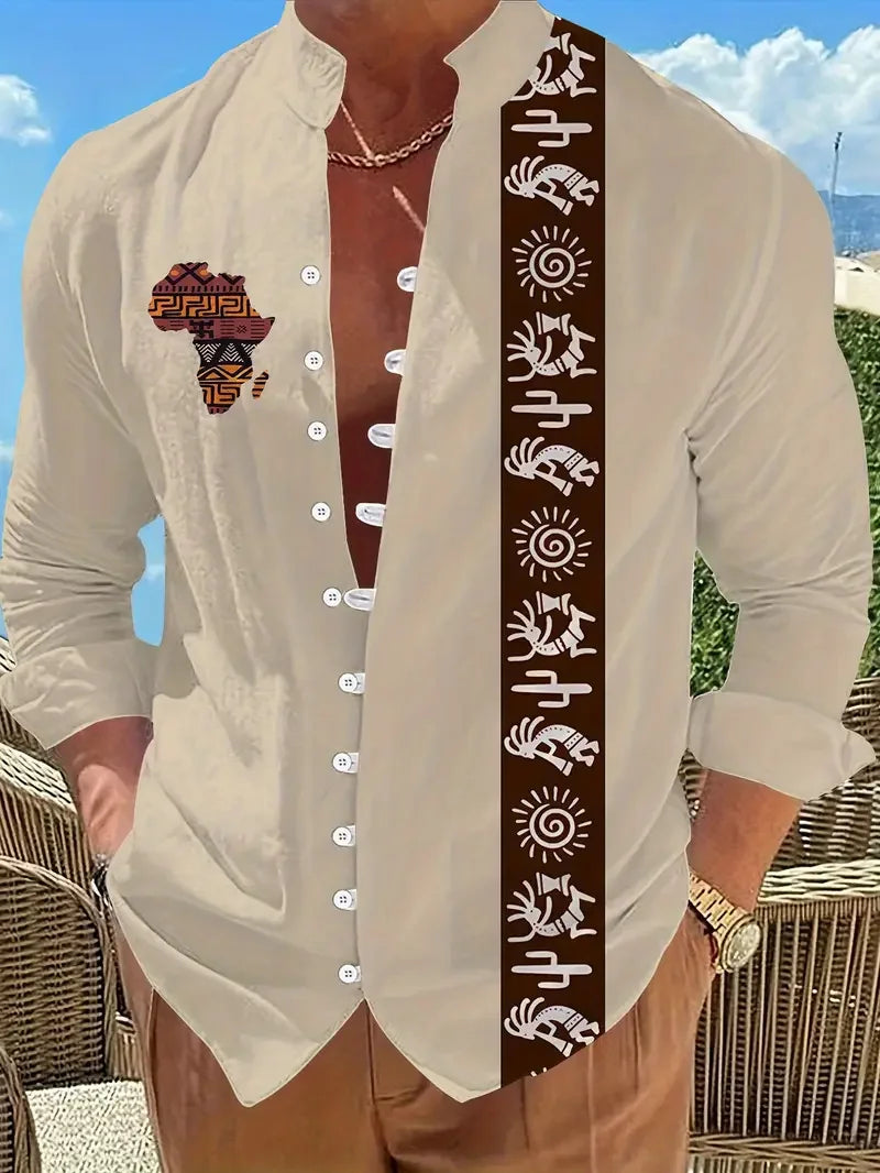 Men's Long Sleeve Linen Shirt Ethnic Vintage Hawaiian Style