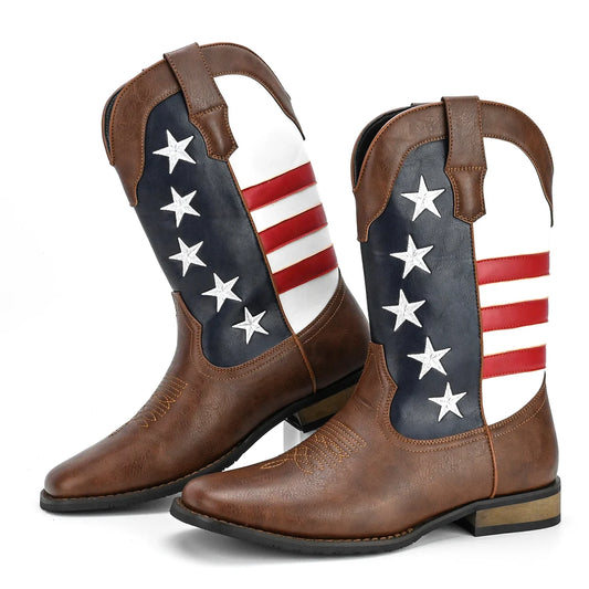Mens Trendy High Top Cowboy Boots With Stars And Stripes