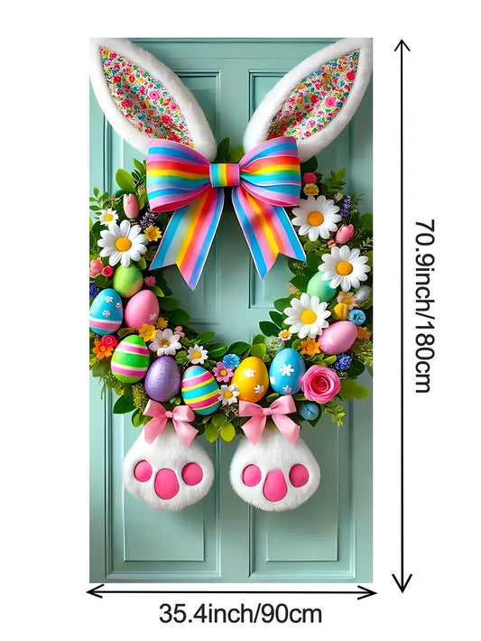 Easter Door Cover Decoration Plush Rabbit Wreath Easter Egg Coloured Ribbon Background Indoor Outdoor Porch Banner Party Supply