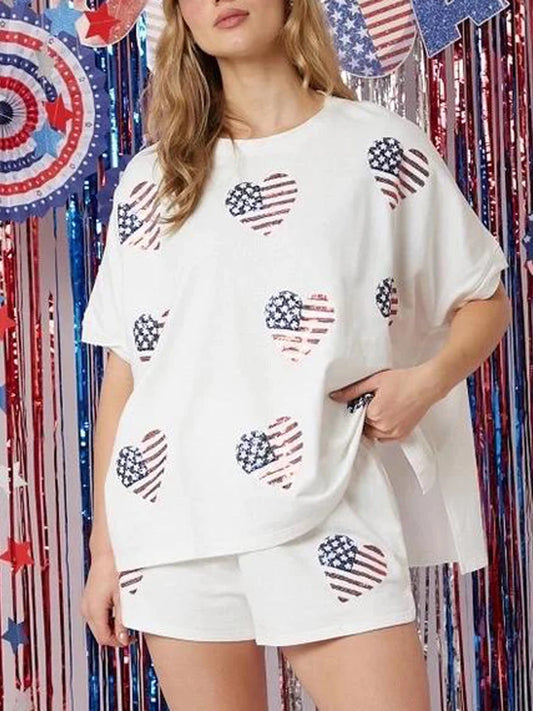 Women’s 4th of July Outfits Short Sleeve Round Neck Heart Print Tops Shorts Set