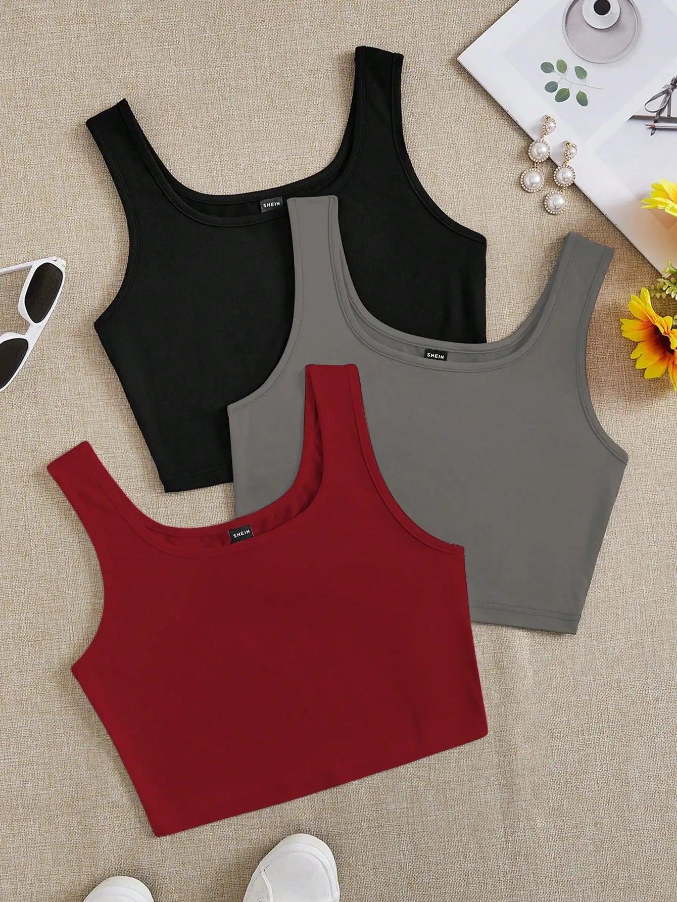 3pcs Women's Super Short Fitted Tank Tops in Black, White & Gray - Round Neck Casual Summer Crop Tops