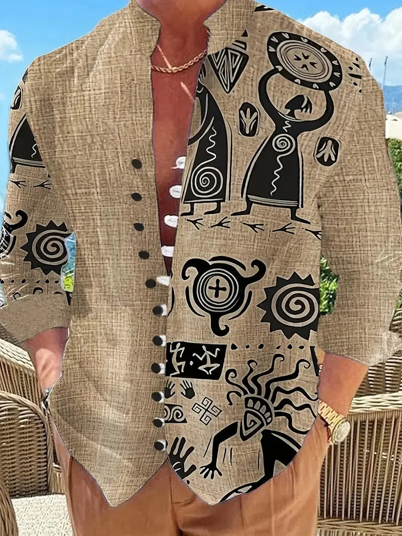 Men's Long Sleeve Linen Shirt Ethnic Vintage Hawaiian Style