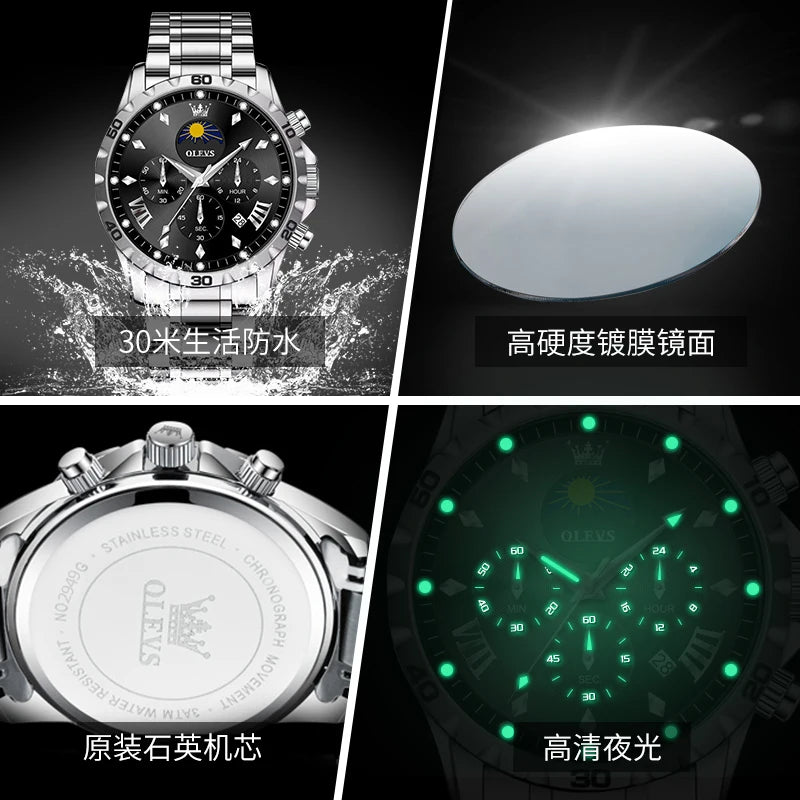 OLEVS Original Moon Phase Men Watches Luminous Waterproof Steel