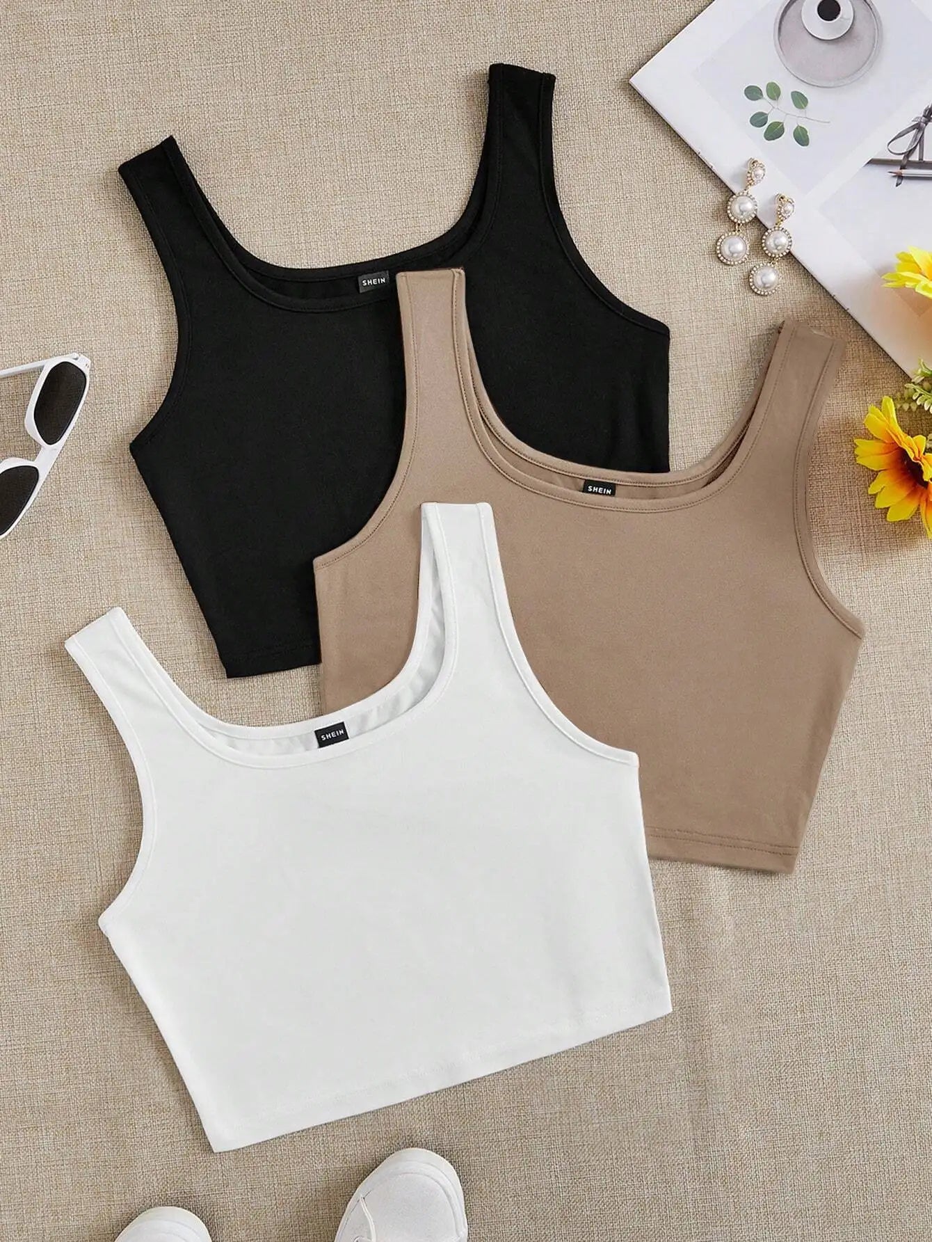 3pcs Women's Super Short Fitted Tank Tops in Black, White & Gray - Round Neck Casual Summer Crop Tops