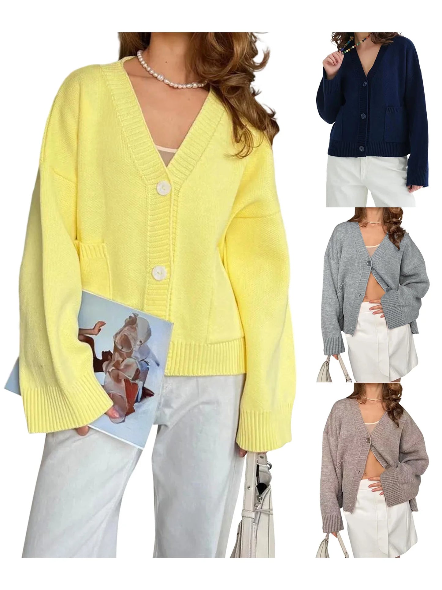 Hirigin Women's Long Sleeve V Neck Cardigan With Pockets