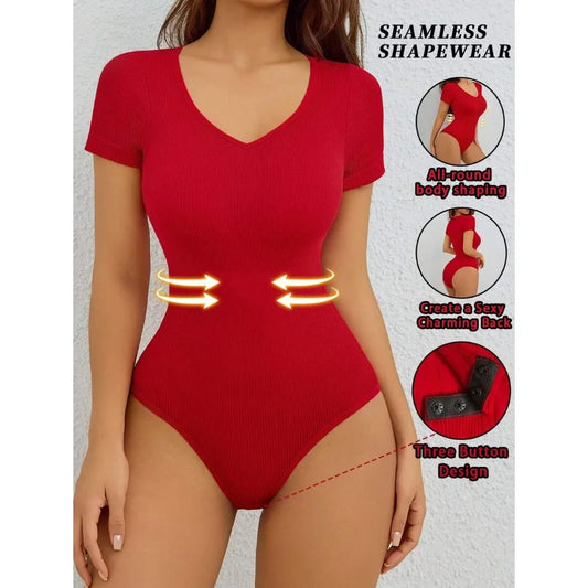 Women Casual Solid Color V-Neck T-Shirt Body Suit Briefs With Buckle Design Ribbed Tummy Control Seamless Bodysuit