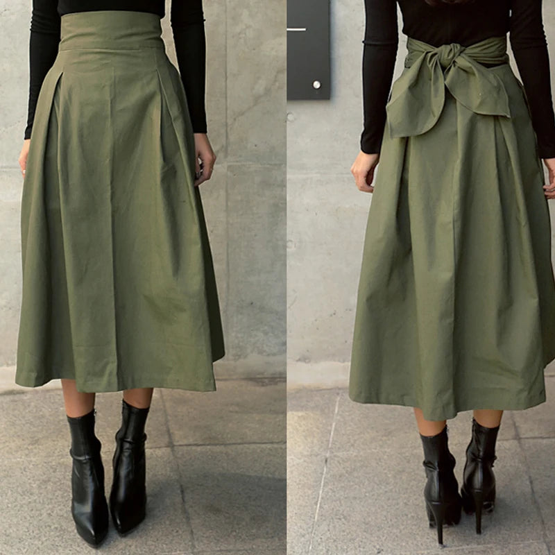 Womens Korean Fashion Solid High Waist Long Swing Skirt
