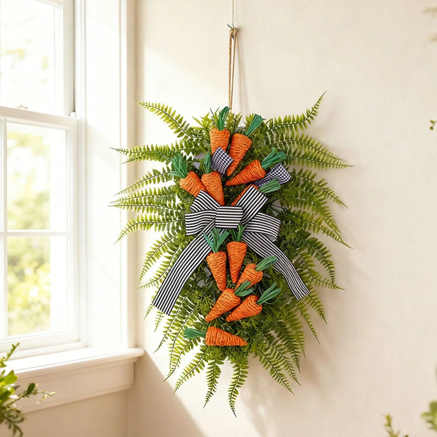 Easter Carrot Fern Wreath Door Decor Striped Bow Wreath Home Wall Hanging Decor 2026 Trendy Easter Garlands Style Corona