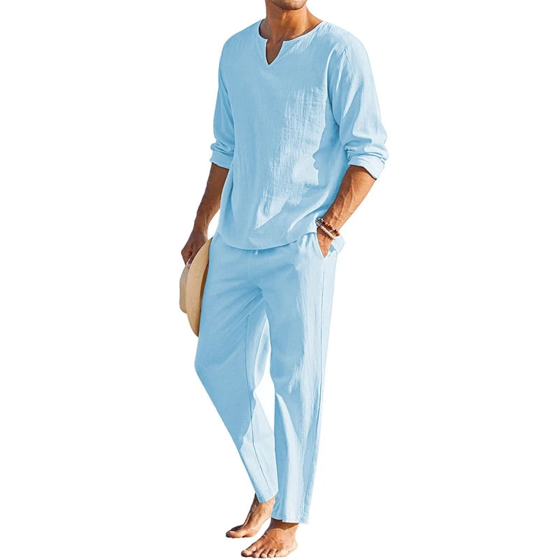 CN Guangdong Mens Summer Cotton Linen Loungewear Set 2 Pieces