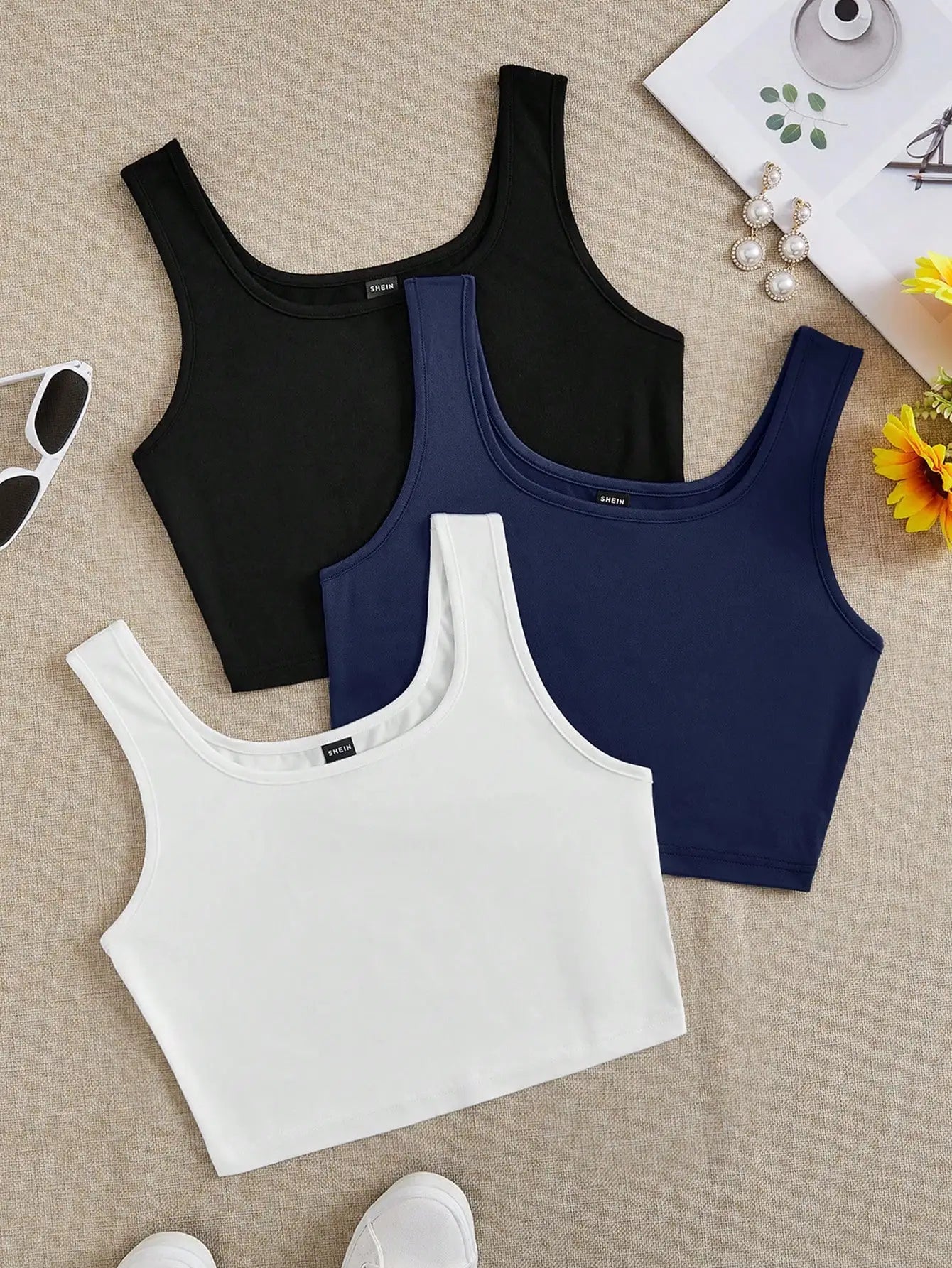 3pcs Women's Super Short Fitted Tank Tops in Black, White & Gray - Round Neck Casual Summer Crop Tops