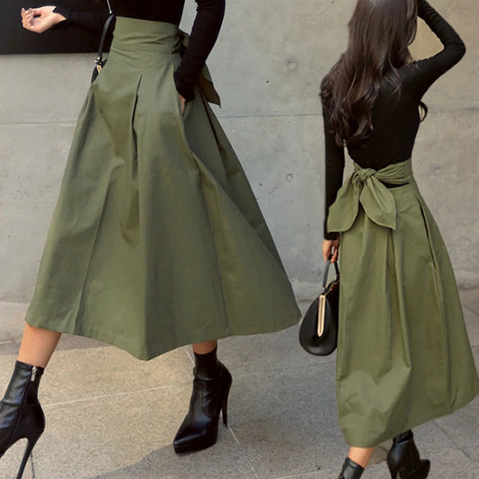 Womens Korean Fashion Solid High Waist Long Swing Skirt