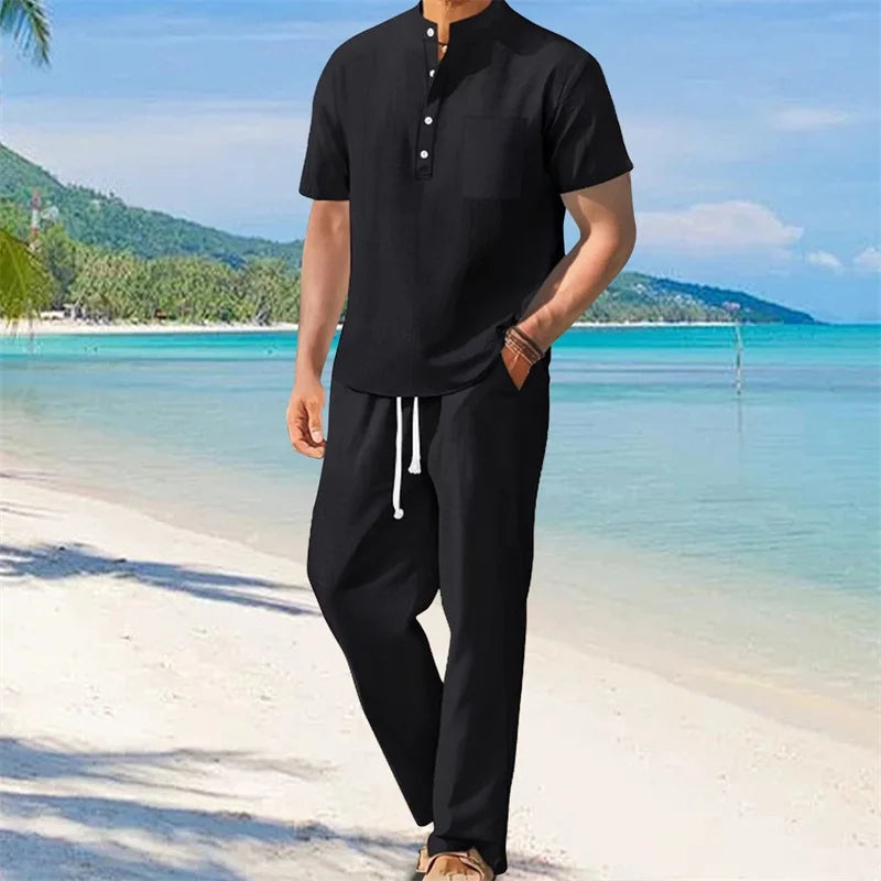 Men's Casual 2 Piece Henley Outfit With Drawstring Pants Set