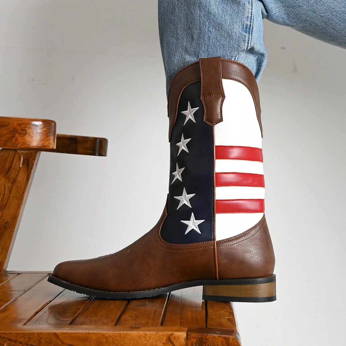 Mens Trendy High Top Cowboy Boots With Stars And Stripes