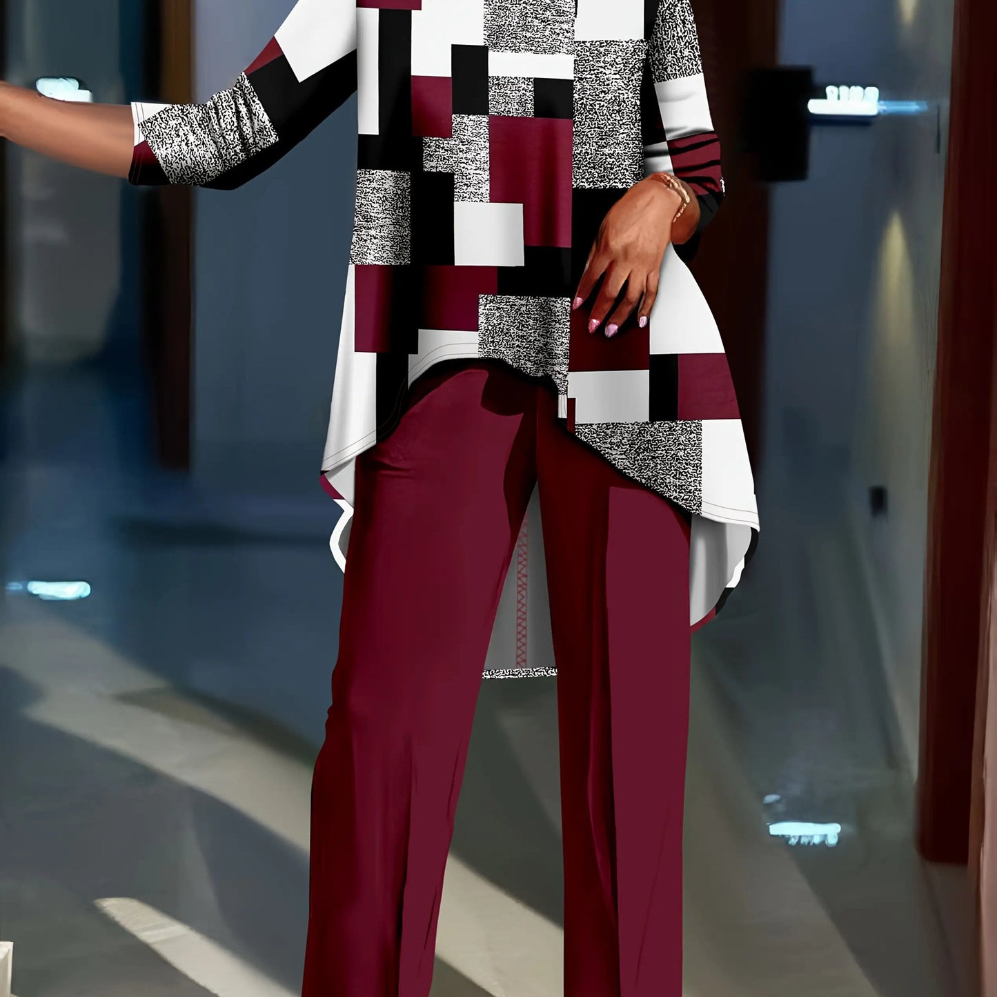 Geometric Print Long Sleeve Top And Solid Two-Piece Set