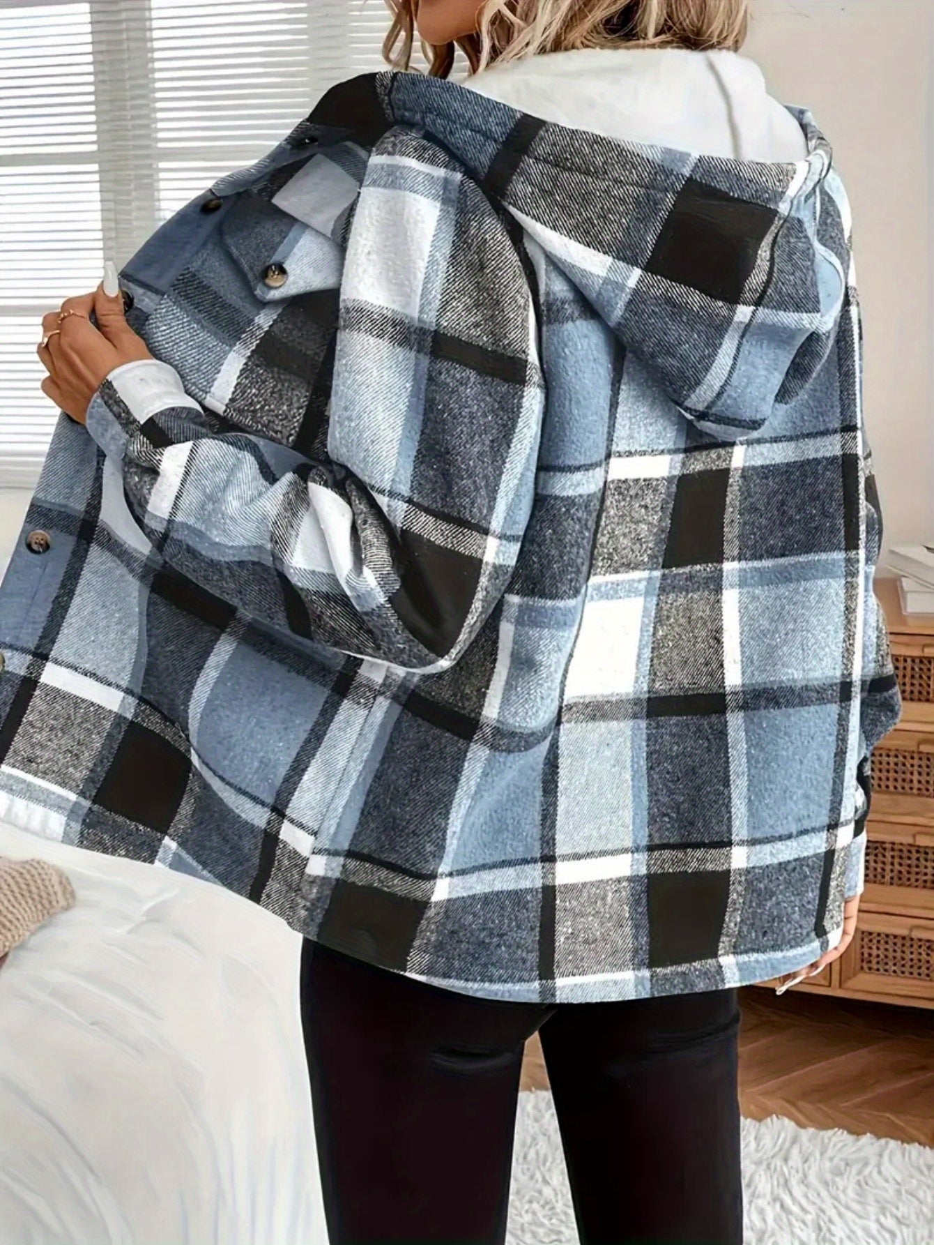 WCQ Women's Hooded Lined Retro Plaid Jacket Loose Fit Coat