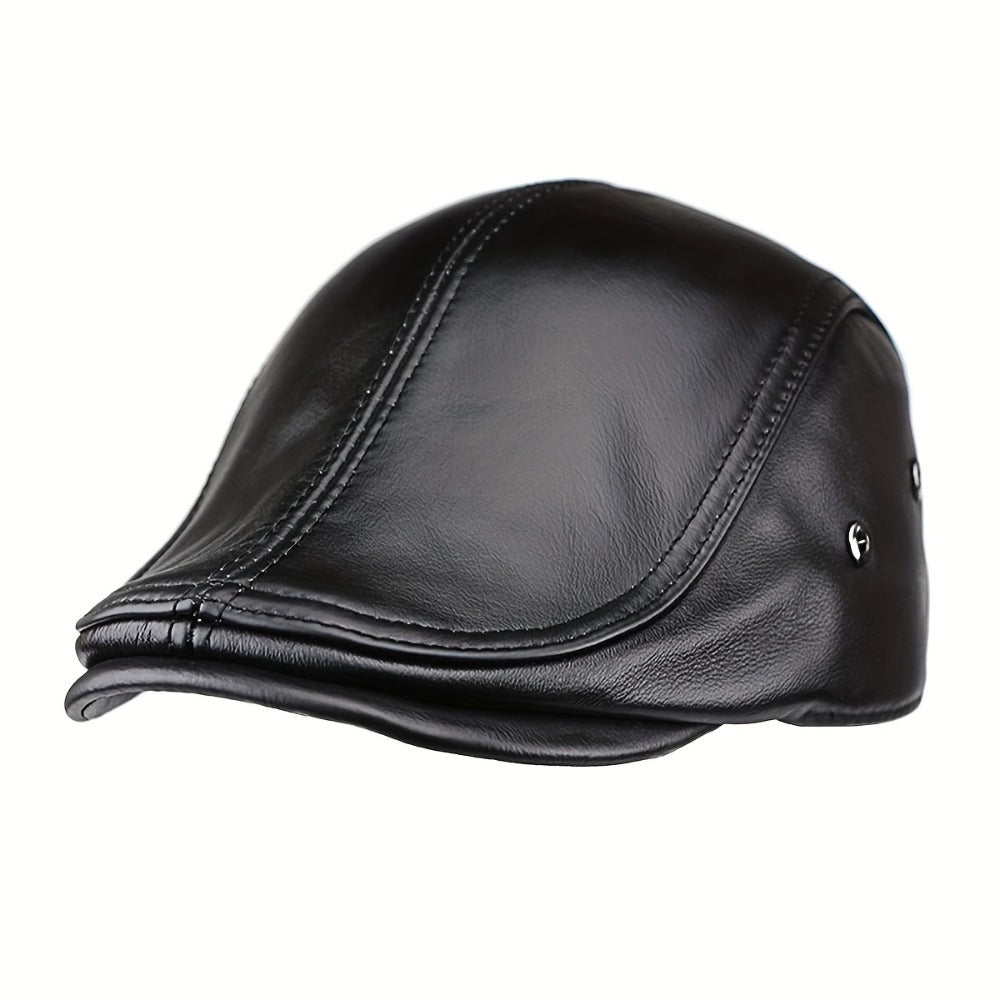 Mens Newsboy Cap Cowhide Leather Handwashable Outdoor Hat Hunting