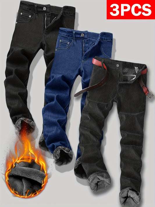Men's Fleece-Lined Thermal Jeans Slim Fit For Winter Warmth