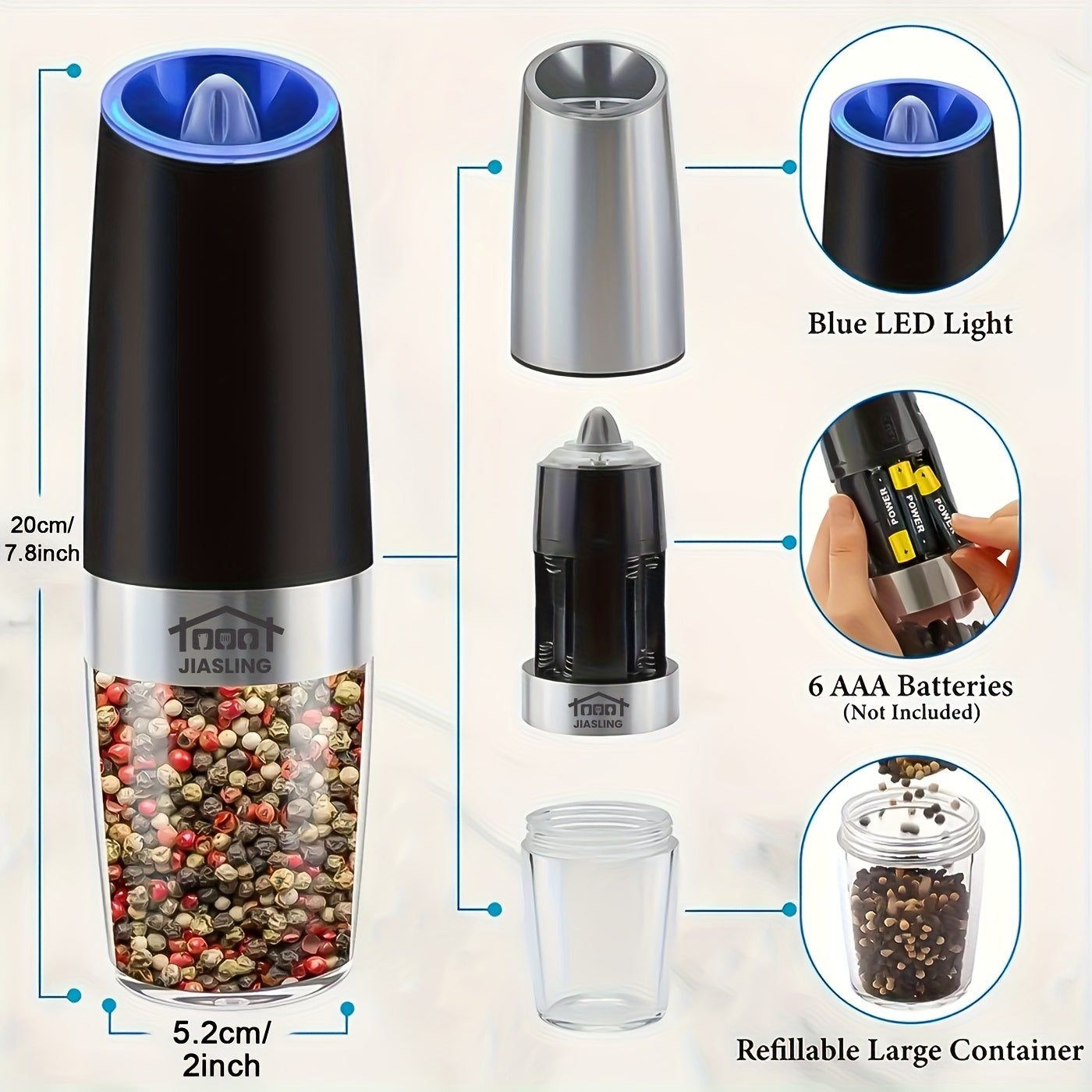 JIASLING Gravity Electric Salt And Pepper Grinder With LED Light