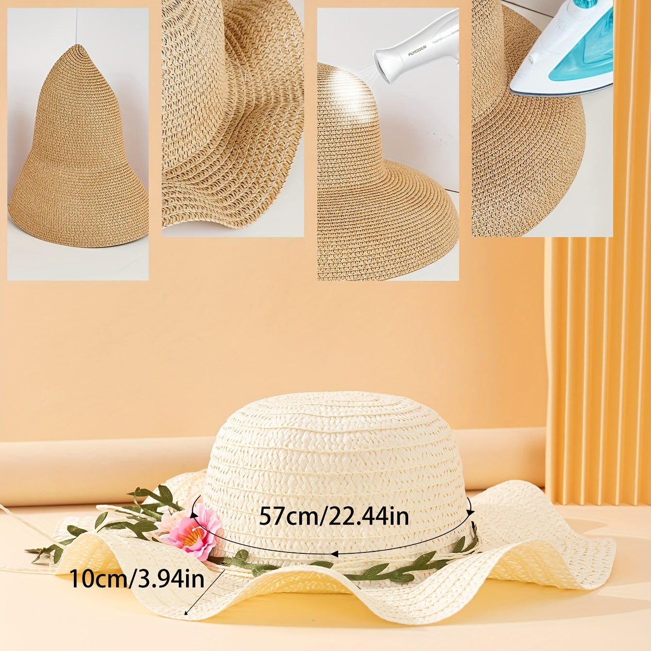 1 Women's fabric flower and leaf decorated wavy straw hat, sweet pastoral style suitable for s, Women's outdoor vacation, wedding season, summer gift, beach play