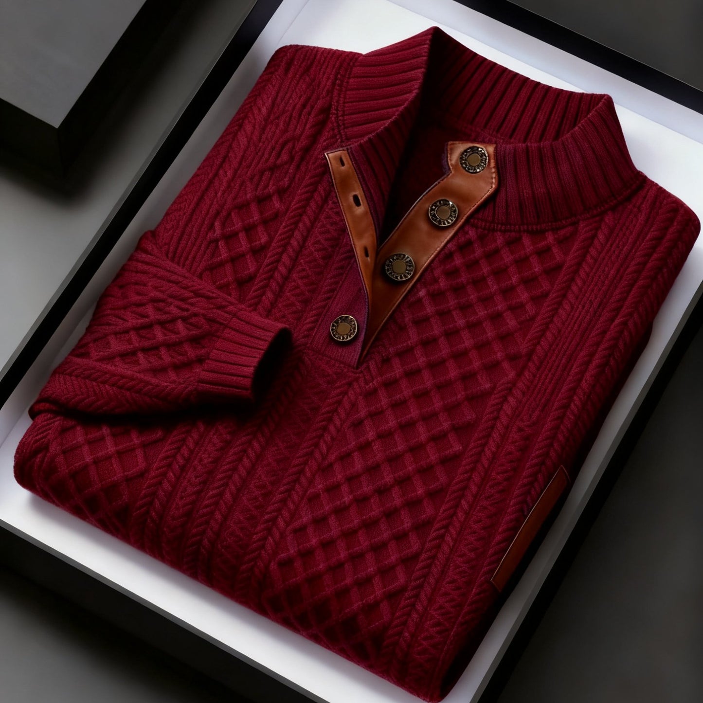 Men Jacquard Knit Stand Collar Sweater With Button Closure