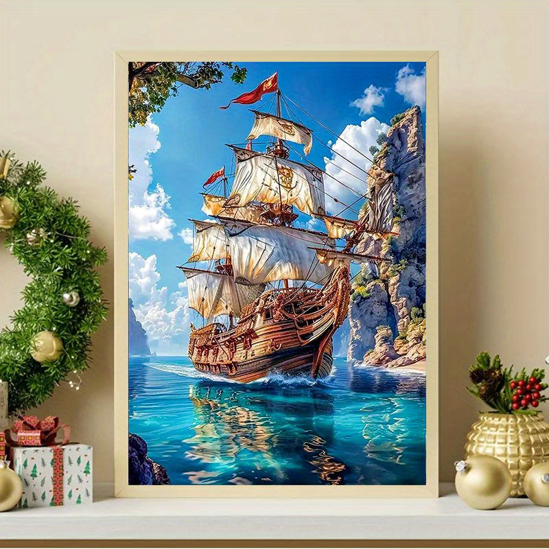 Qiziteng 5D DIY Diamond Painting Kit Sailboat Sunset Round Mosaic