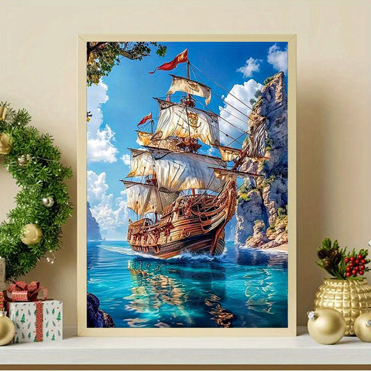 Qiziteng 5D DIY Diamond Painting Kit Sailboat Sunset Round Mosaic
