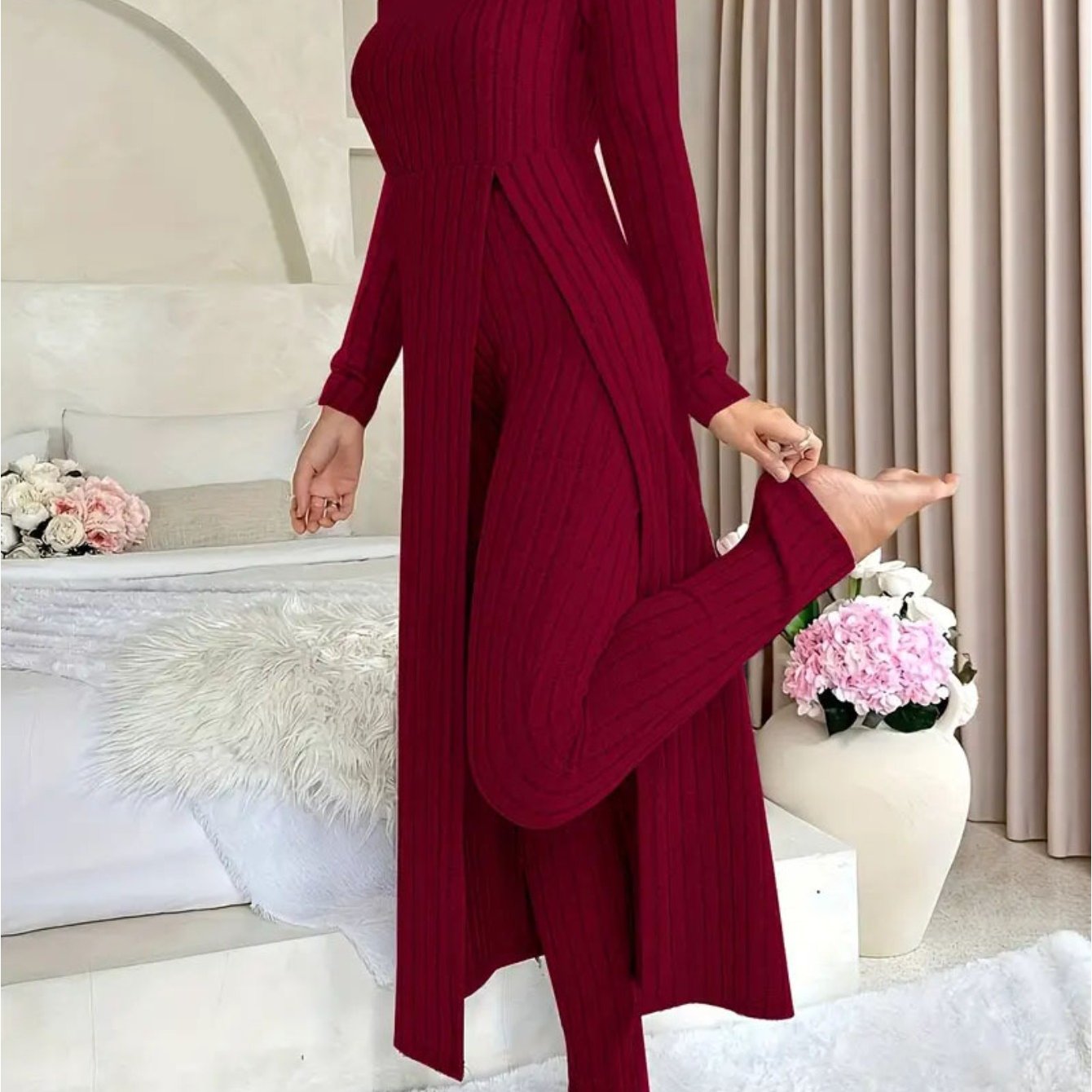 MORA QUIET Womens Fleece Two Piece Set Lounge Outfit With Wide Leg Pants