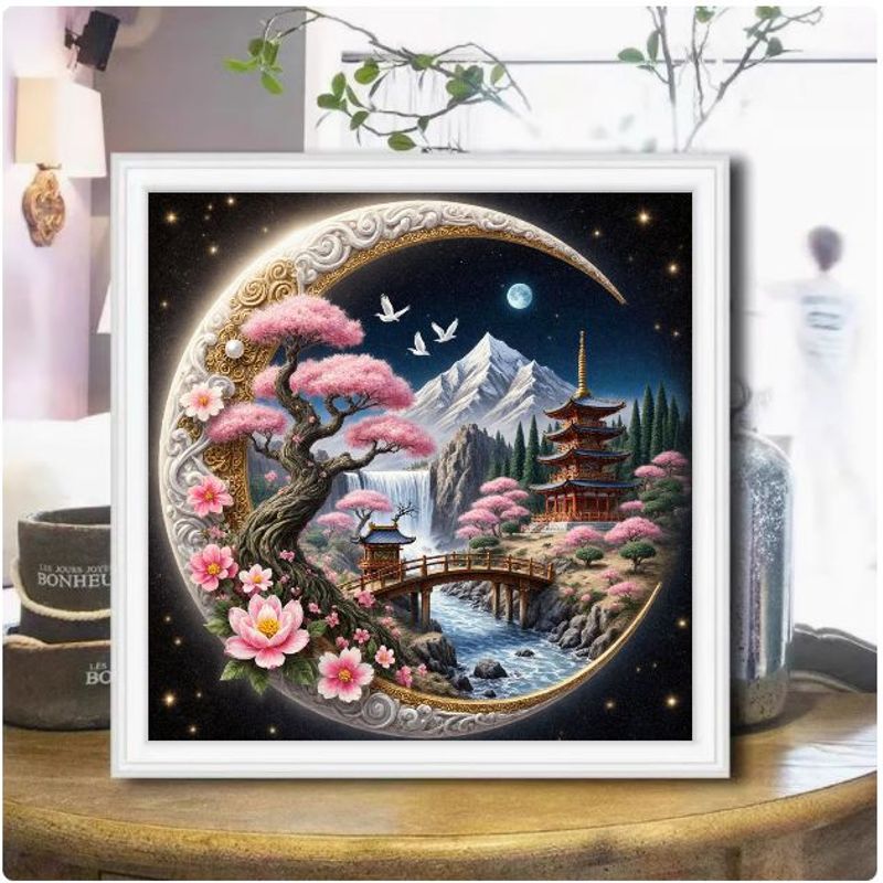 Dreamy Crescent Starry Night Diamond Painting With Scrollwork Frame
