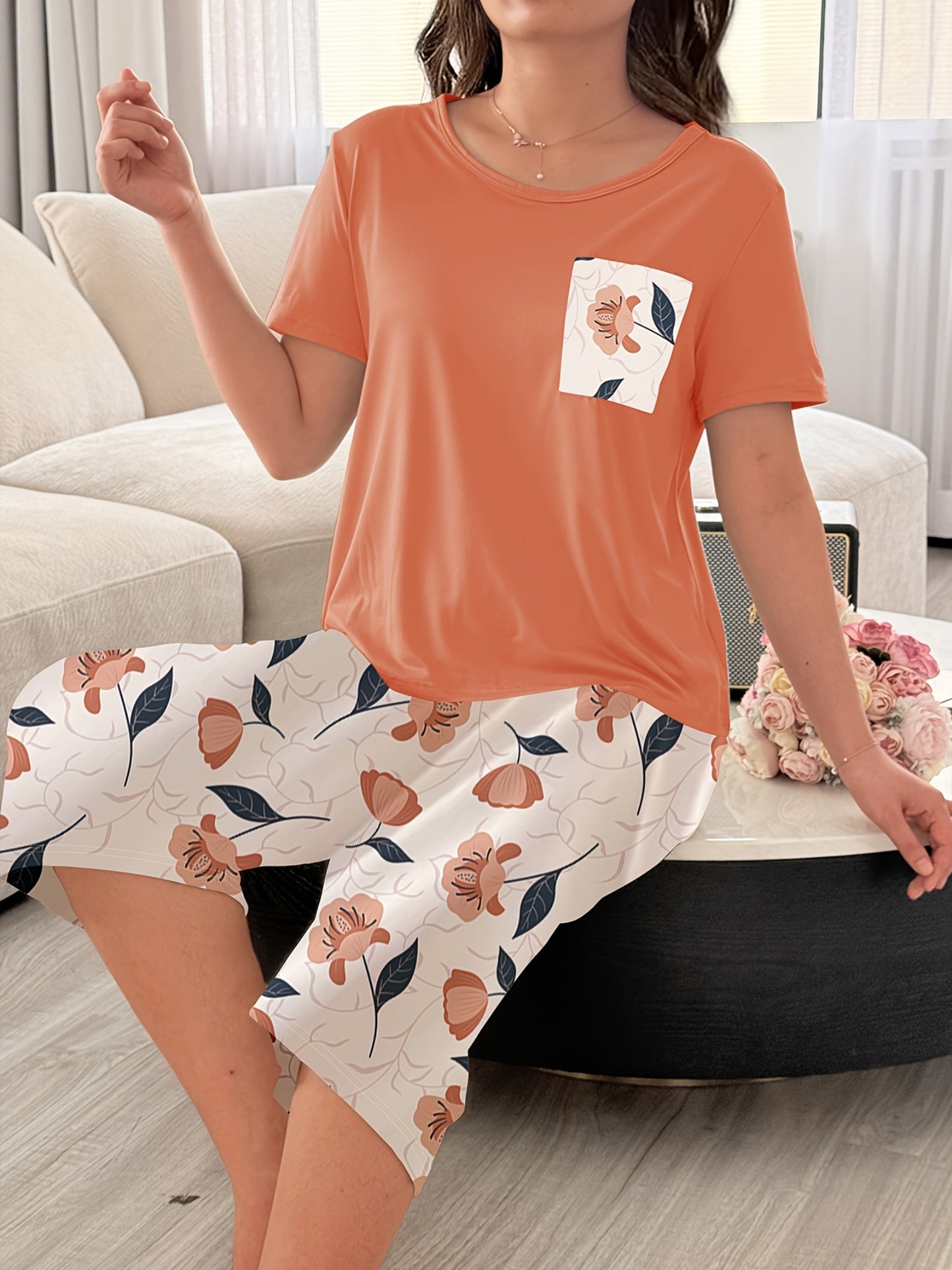 Chic Casual 3/4 Sleeve Floral Pajama Set for Women Plus Size