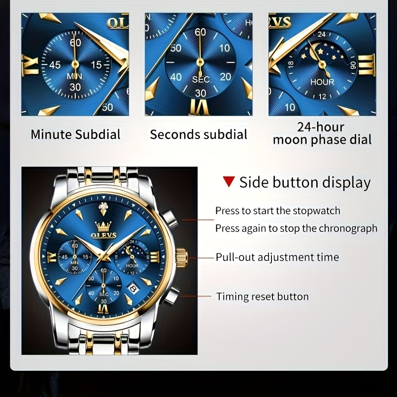 OLEVS Men's Luxury Quartz Chronograph Moon Phase Stainless Steel Watch