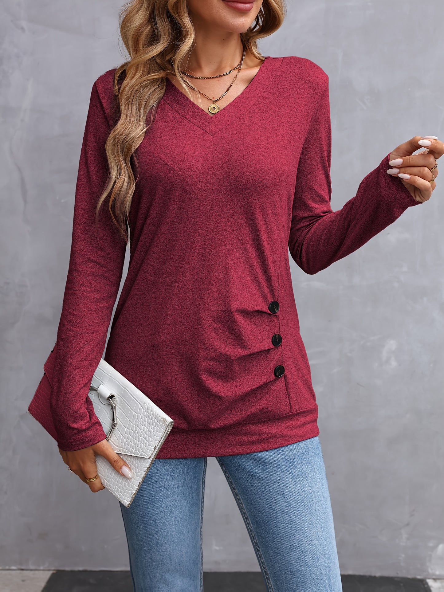 100% Polyester Elegant Long Sleeve V-Neck T-Shirt Solid Color Button Detail Regular Length