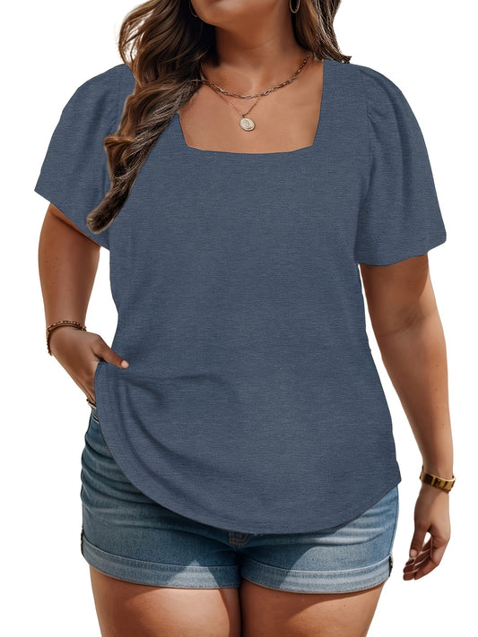 Women's Plus Size Square Neck T-Shirt Casual Puff Sleeve Top