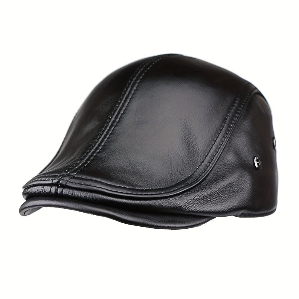 Mens Newsboy Cap Cowhide Leather Handwashable Outdoor Hat Hunting