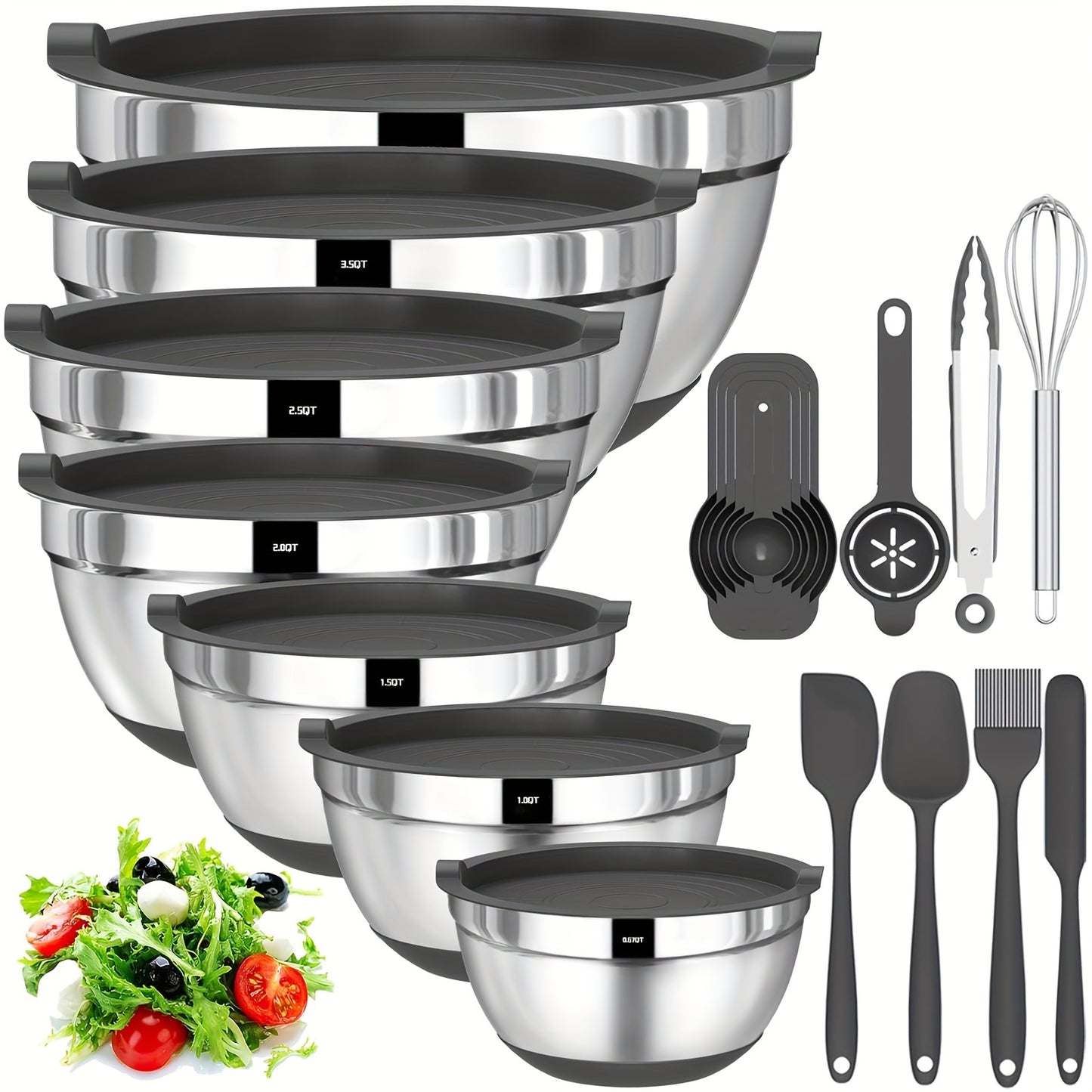 SKROAM Nesting Stainless Steel Mixing Bowl Set With Airtight Lids