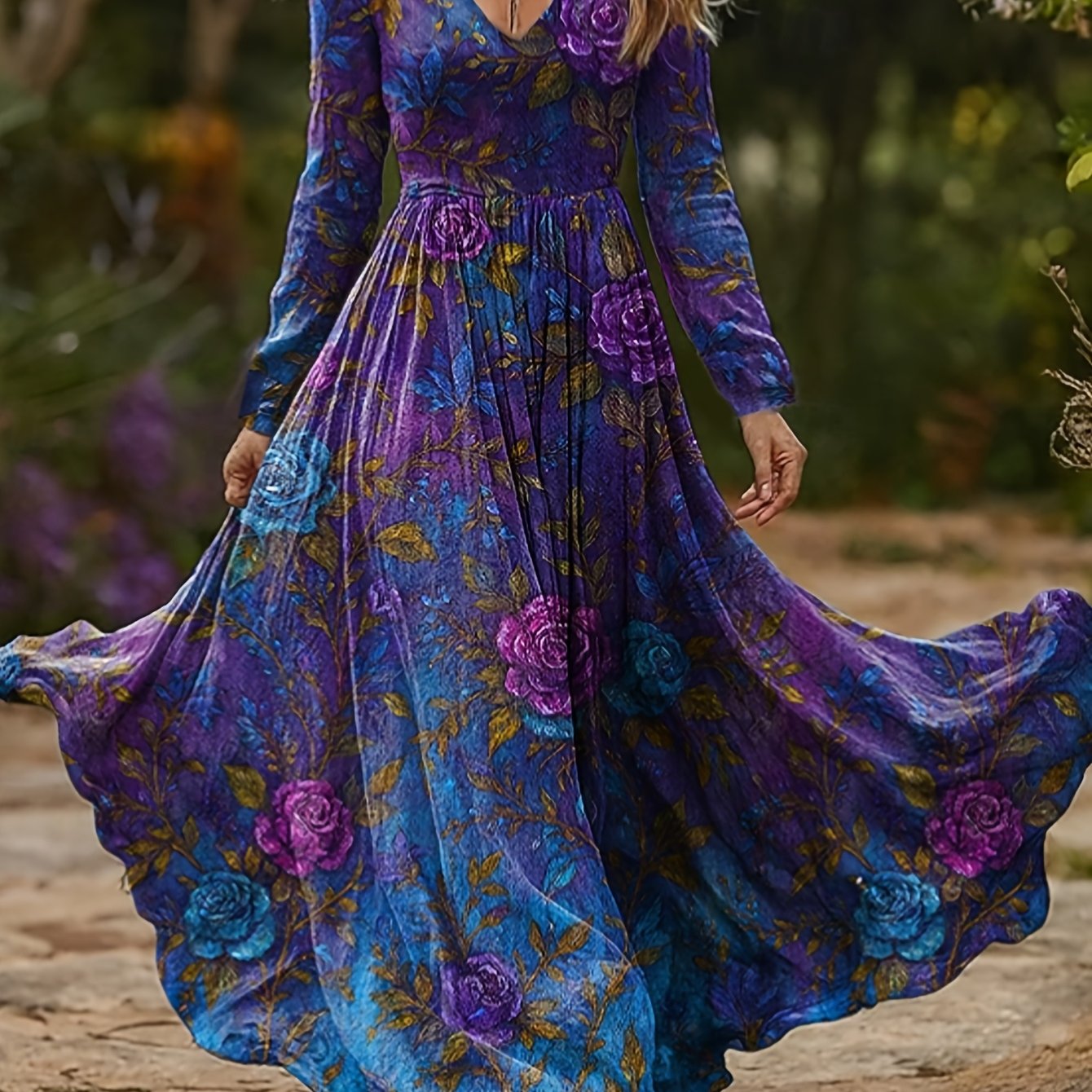 CIUM Elegant Flower Print Maxi Dress Long Sleeve V Neck