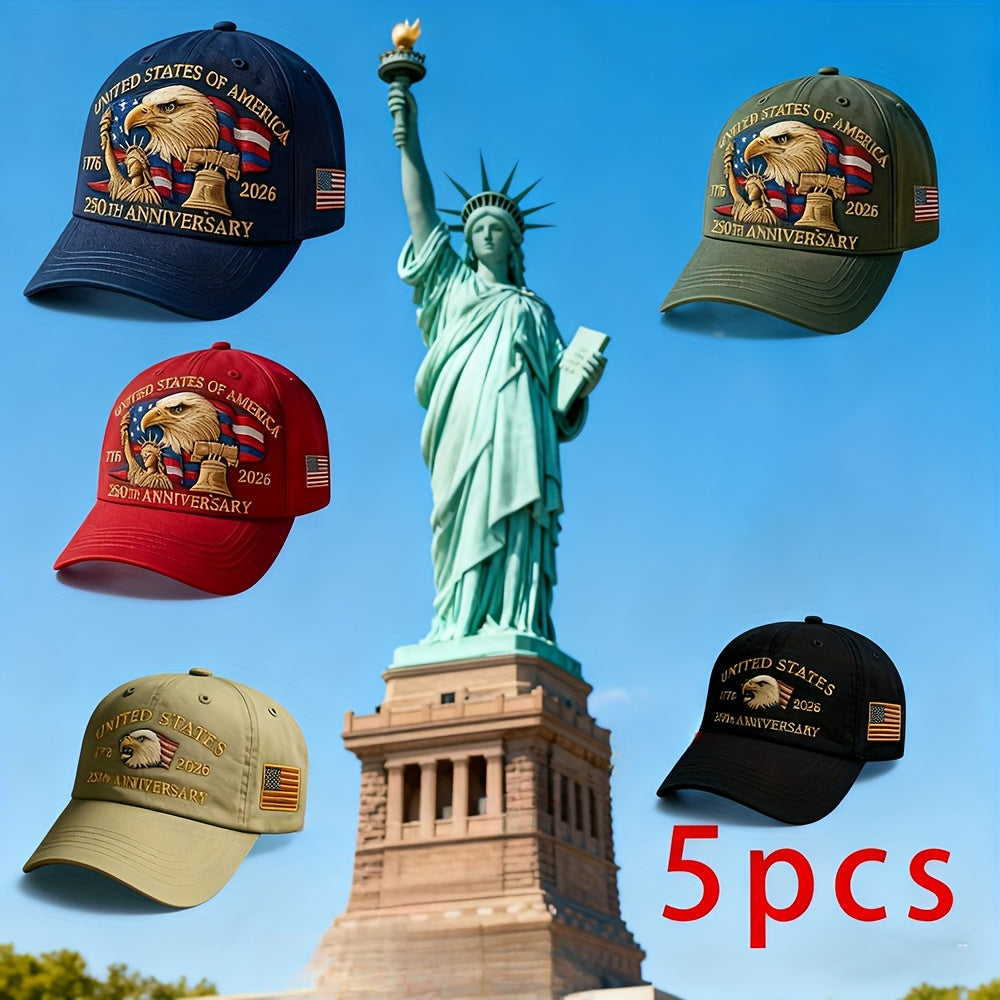 Set of 5 Men'S Baseball Caps Featuring Patriotic Embroidery for The 250Th Anniversary, Commemorating The Dates 1776-2026, Suitable for Independence Day And Everyday Casual Wear, Adjustable for Unisex Fashion