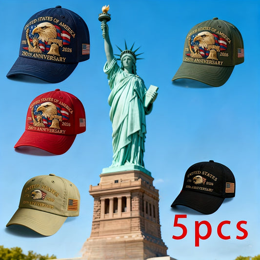 Set of 5 Men'S Baseball Caps Featuring Patriotic Embroidery for The 250Th Anniversary, Commemorating The Dates 1776-2026, Suitable for Independence Day And Everyday Casual Wear, Adjustable for Unisex Fashion