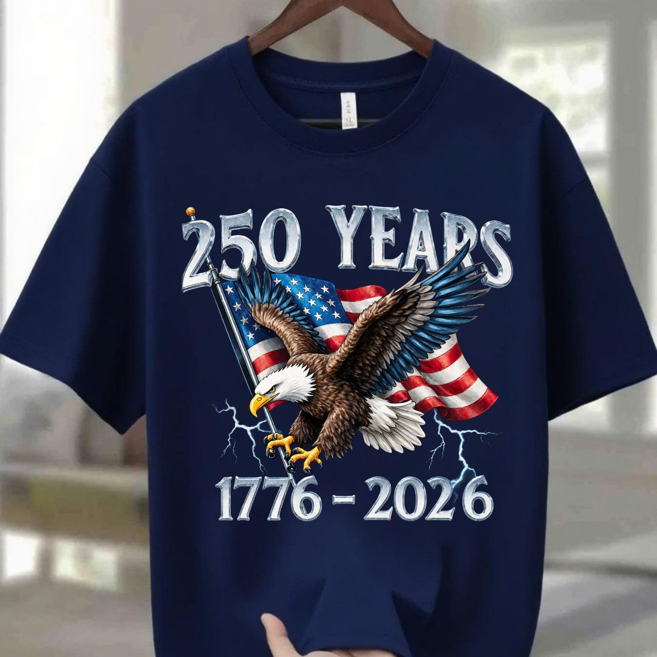 Navy Blue 100% Men's Round Neck T-Shirt with Eagle Pattern| 250 Years 1776- 2026 United States Flag Design, Ideal for Thanksgiving, Christmas, Summer, and Casual Attire, Men's Casual Comfortable T-Shirt