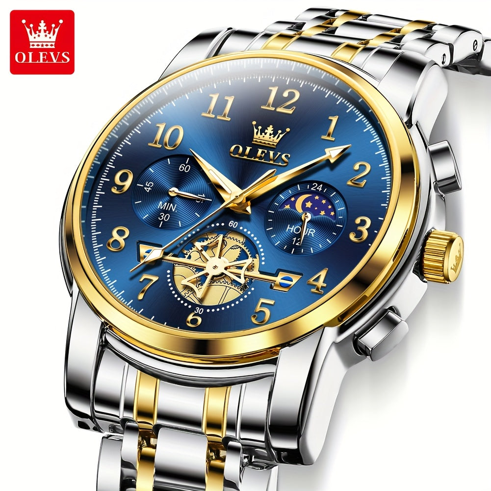 OLEVS Men's Luxury Quartz Watch Stainless Steel Moon Phase Chronograph