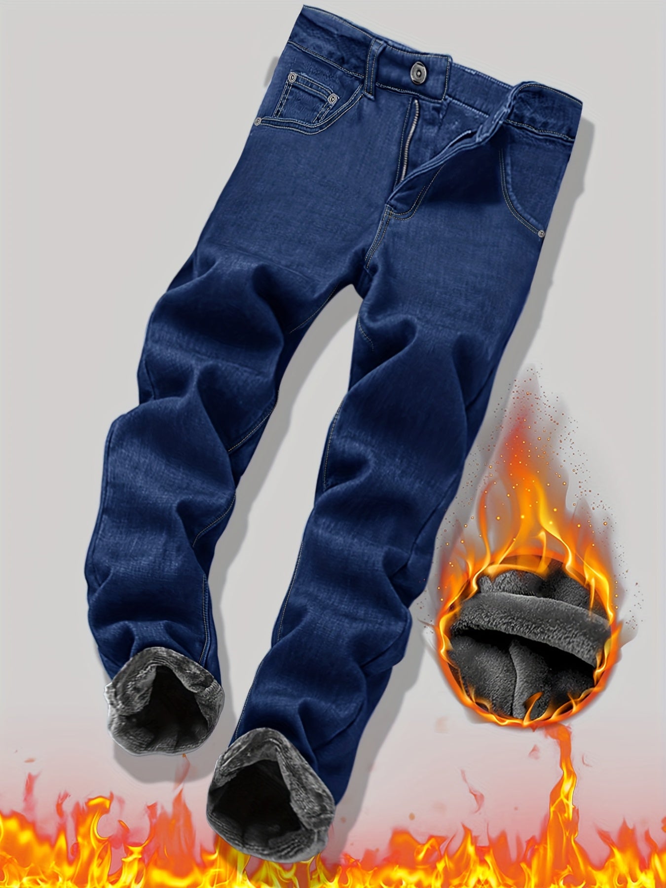 Men's Fleece-Lined Thermal Jeans Slim Fit For Winter Warmth