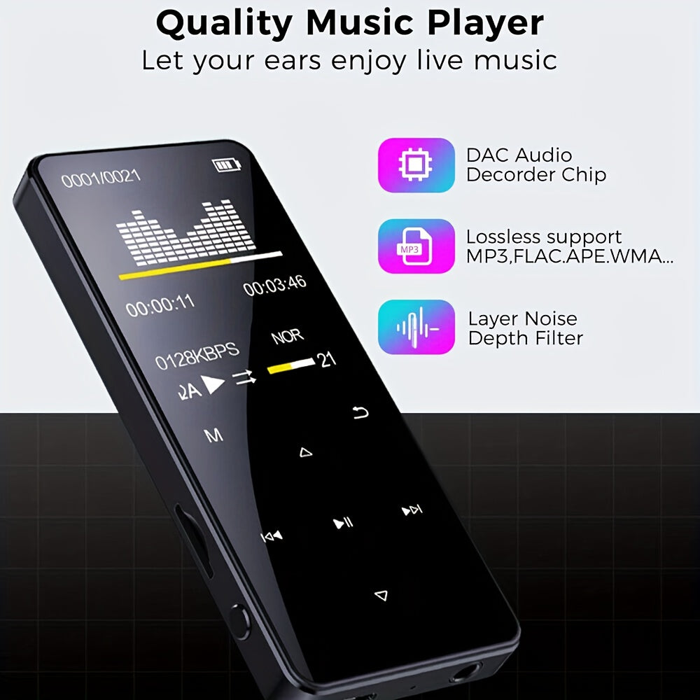 The MP4/MP3 Player Supports 128GB Bluetooth Lossless Music FM Radio Recorder. It Is Sporty And Suitable for Running. It Has An Ultra-light Metal Casing And Touch Buttons
