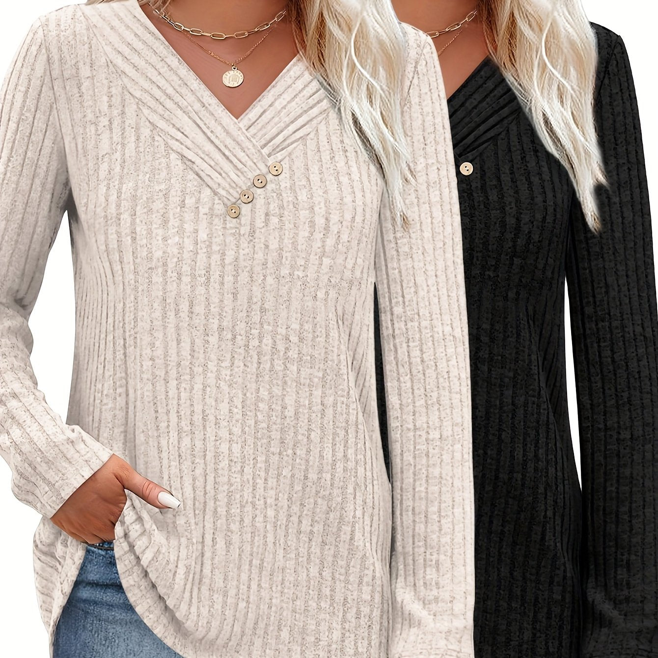 Women's Two-Piece V-Neck Button Pullover Cropped Sweater