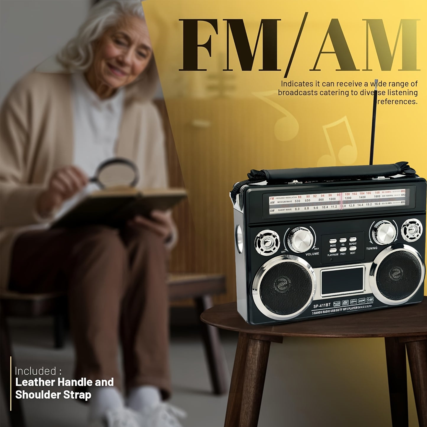 Portable 3 Band Radio With Wireless, Solar Panel, And LED Flashlight, Retro Wireless Speaker, AM/FM/SW Receiver With MP3 Playback, Telescopic Antenna, High Sensitivity, With Leather Handle, AUX/TF/SD, Ideal For Camping