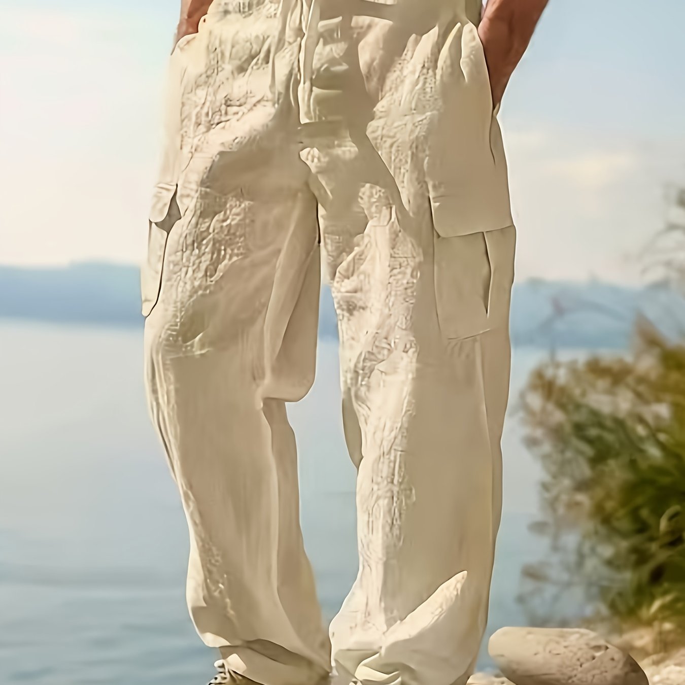 Mens Linen Work Pants Breathable Regular Fit For Casual Wear
