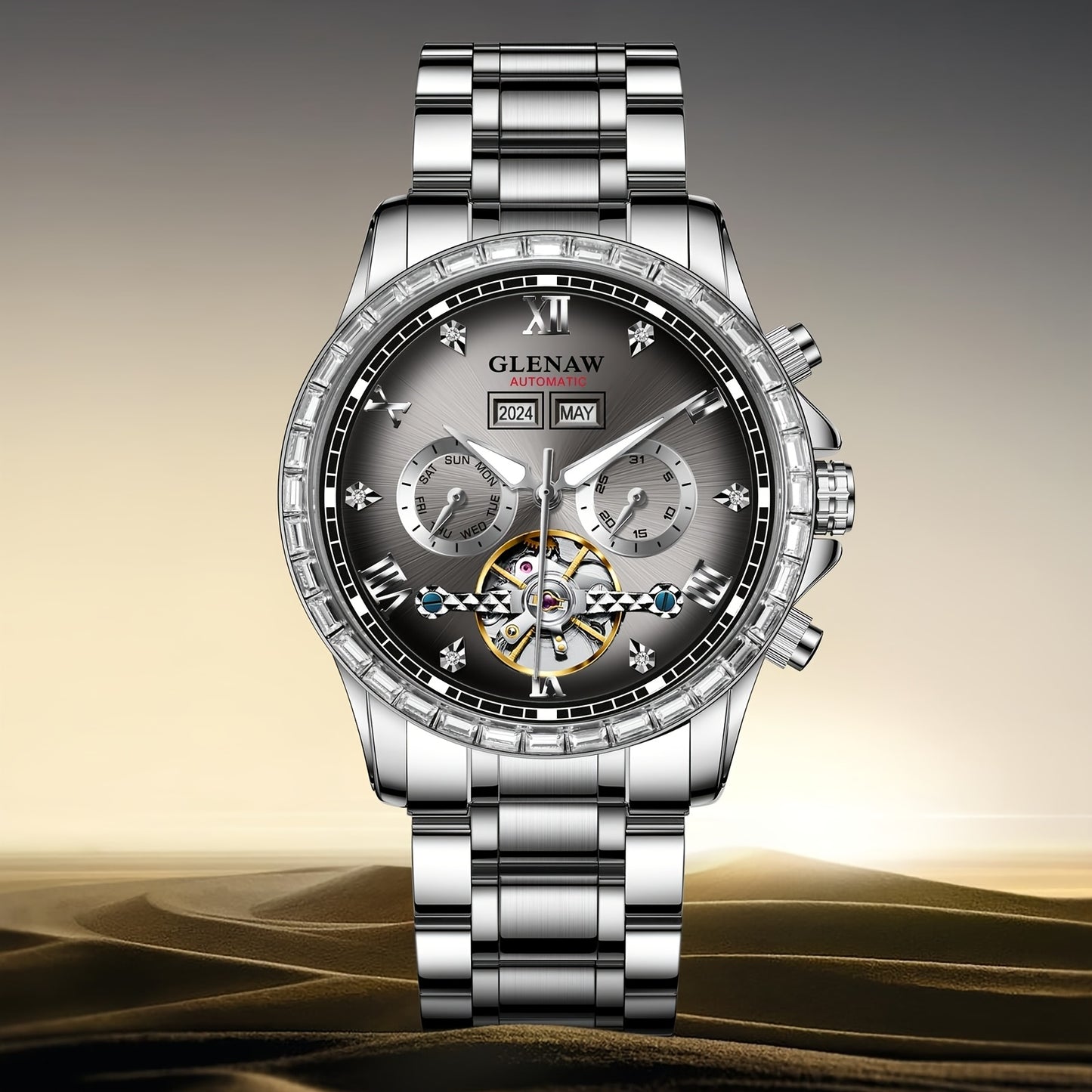 GLENAW Men's Luxury Automatic Mechanical Skeleton Watch With Date Display