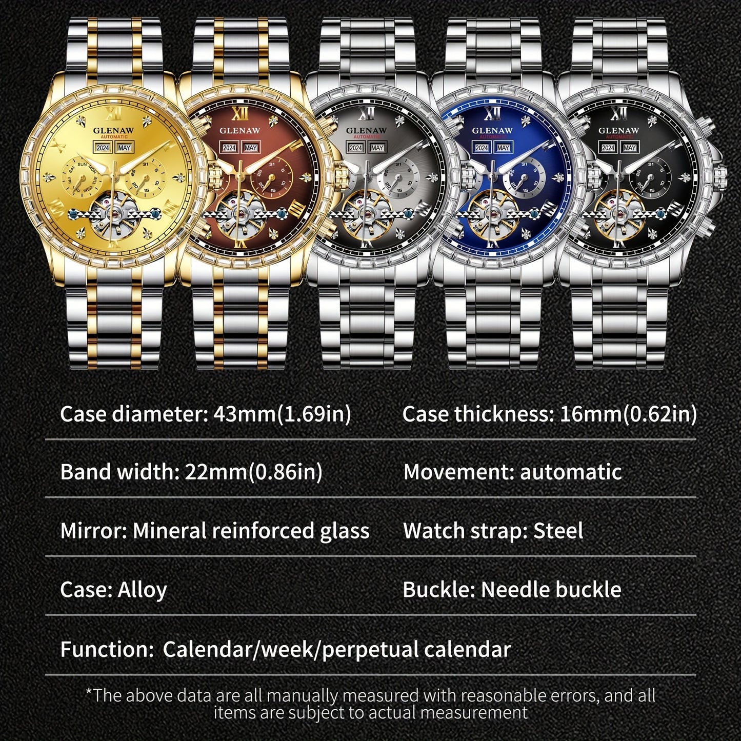 GLENAW Mens Automatic Mechanical Watch Stainless Steel Date Display