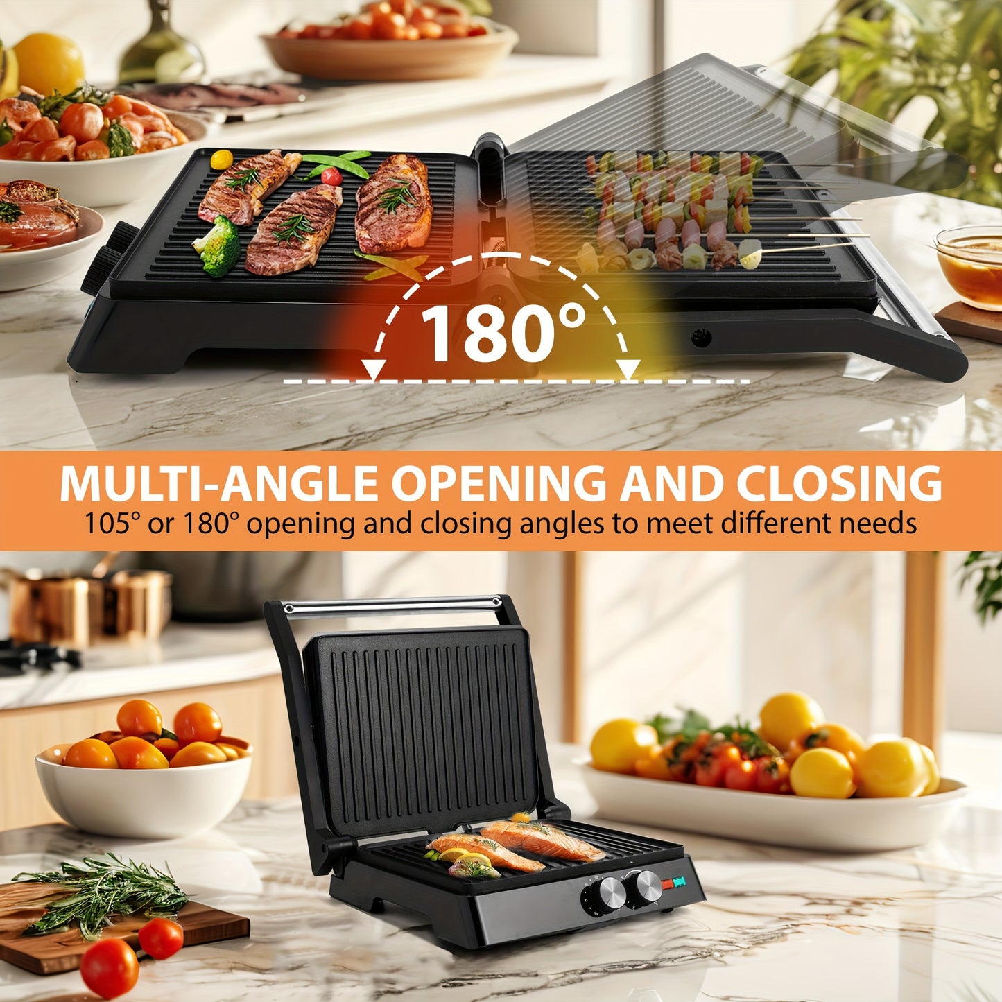 SUSTEAS 3-In-1 Electric Indoor Grill Panini Press With Nonstick Plates